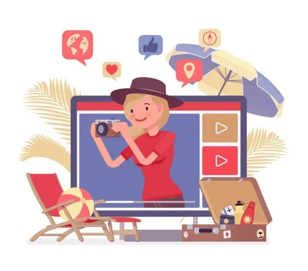 Illustration of a superhero traveller bursting out of a motel booking screen